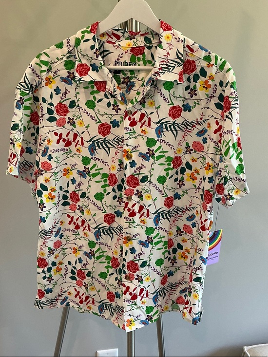 Pride Tops - Floral Short-Sleeve Button-Up Shirt - White with Multicolor Floral Print
